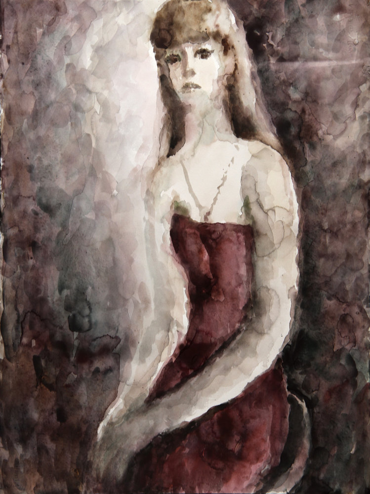 О выставке Бориса Мессерера «Акварели», проходившей в галерее «Открытый клуб» 22.03-02.04.2024 : Борис Мессерер. Портрет Даши в красном. 2016г.